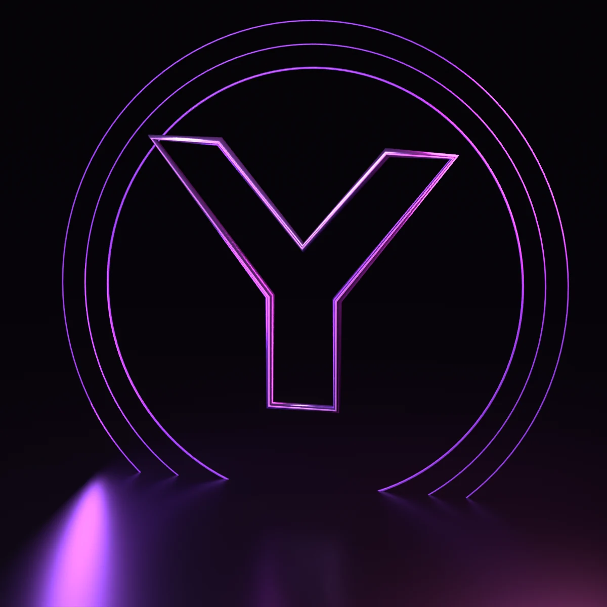 La Y original de Yeziell en una escena 3D con aros de luz violeta